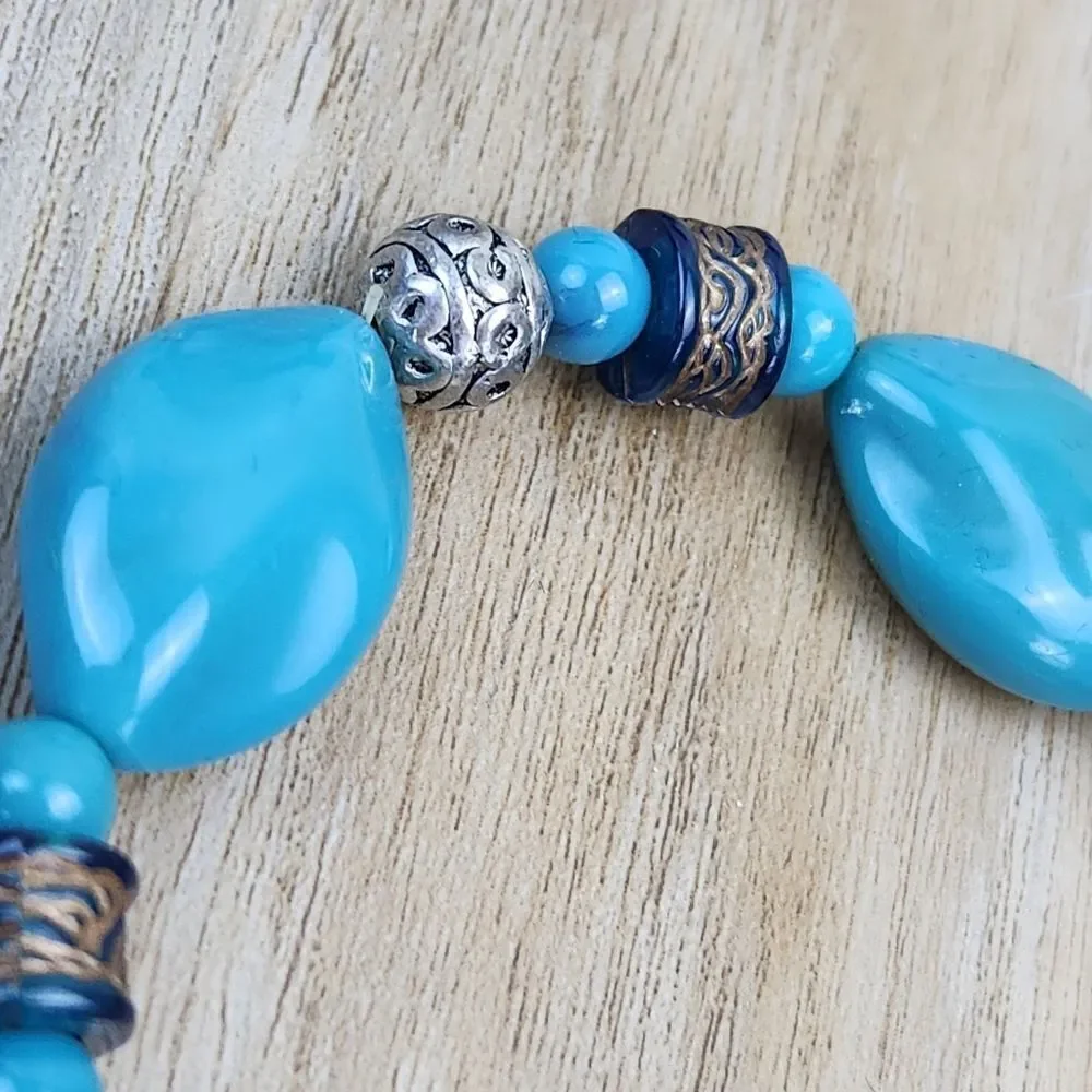 🔺️Turquoise Stone & Antique Silver Plated Beads Stretchy Bracelet